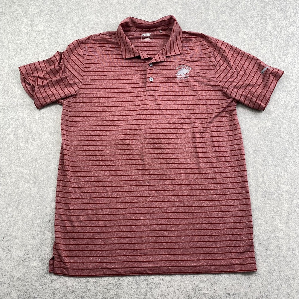 PUMA Polo Shirt Mens Large Red Striped Stonetree Golf Club Performance *Stain*